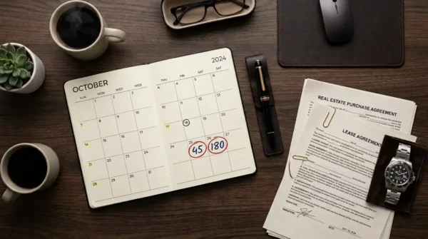 A corporate desk layout emphasizing the strict 45-day and 180-day 1031 exchange timelines.