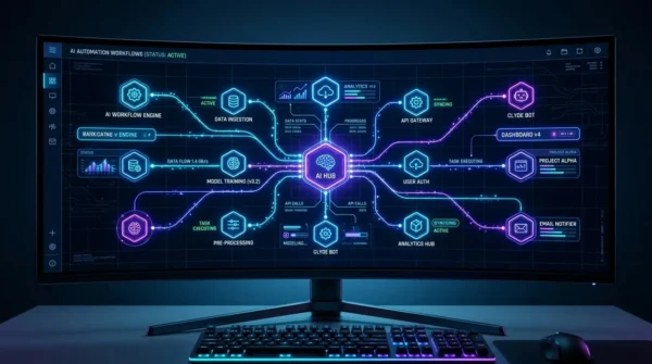 Computer screen showing visual nodes and AI automation digital workflows.