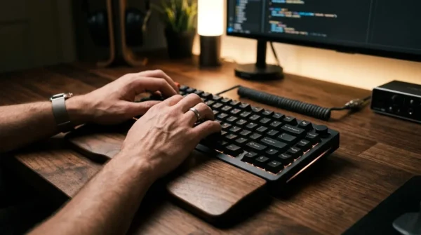 Hands typing on a mechanical keyboard with a Badseed Tech Carpio ergonomic wrist rest.