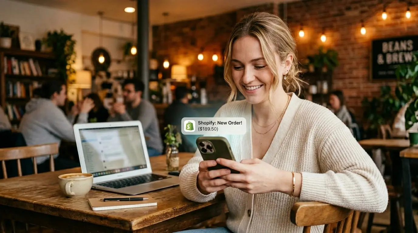 Entrepreneur smiling while checking online digital product sales on a smartphone.