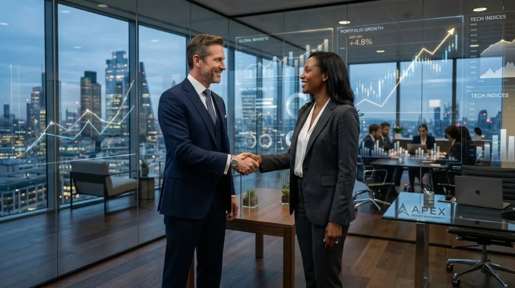Addison Avenue First Tech financial advisors shaking hands representing wealth management partnership.