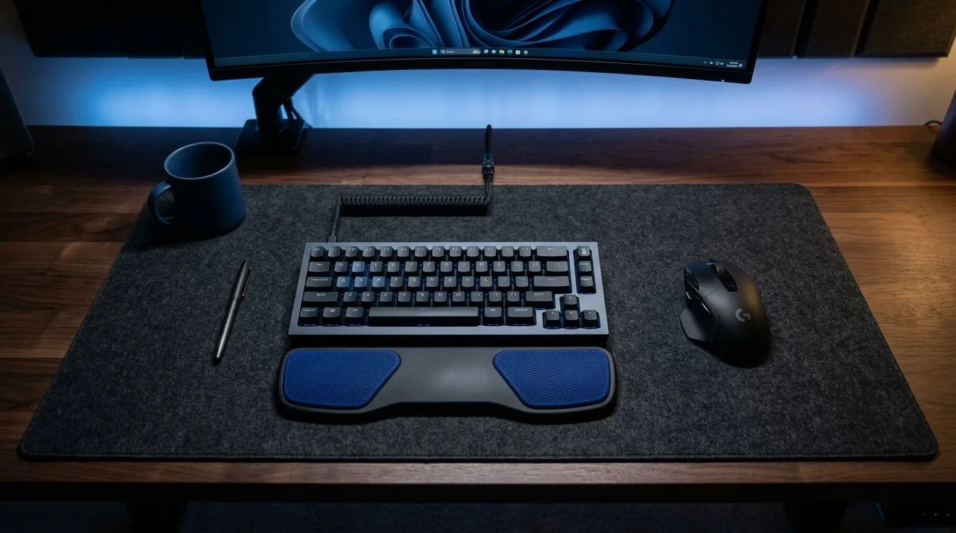 BadSeed Tech Carpio ergonomic wrist rest on a premium dark desk setup next to a gaming mouse.