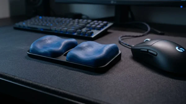 PTFE Teflon gliders on the bottom of the BadSeed Tech Carpio sliding on a cloth desk mat.