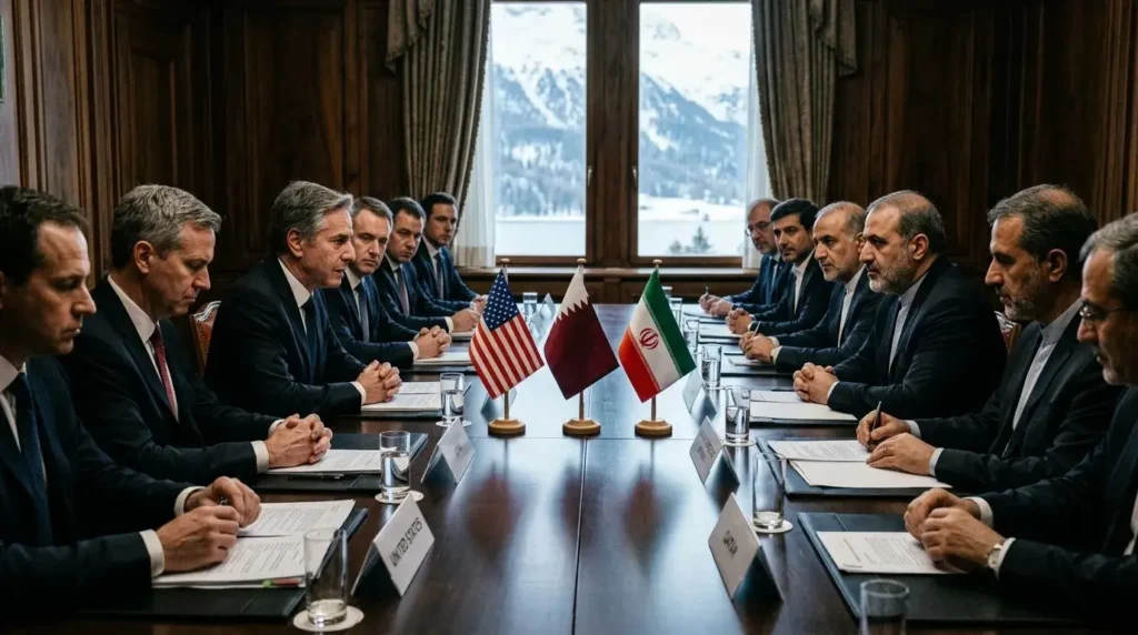 High-stakes diplomatic negotiations between US and Iranian delegations at the Burgenstock Summit in Switzerland.