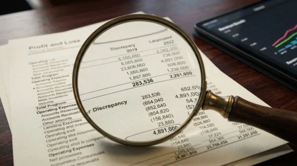 Reviewing financial spreadsheets and profit charts during the due diligence phase of a corporate acquisition.