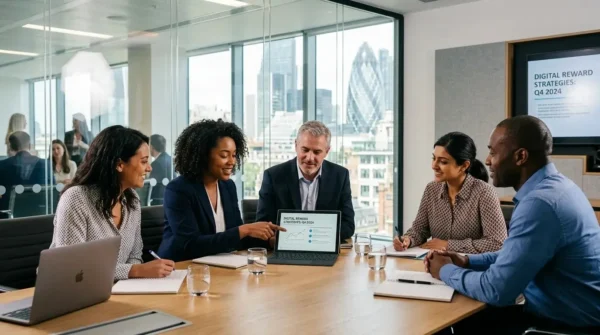 Corporate HR and procurement teams discussing employee reward strategies in a modern boardroom.