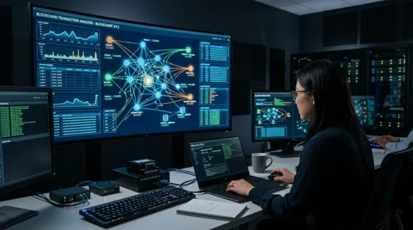 Cybersecurity forensic analysis screen showing blockchain and cryptocurrency data.