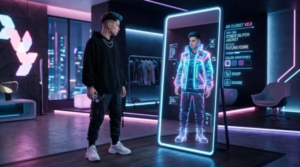 A person using an augmented reality smart mirror to try on digital fashion outfits.