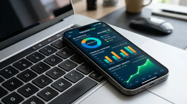 A smartphone displaying a personal finance lifestyle app with budgeting charts to track wealth.