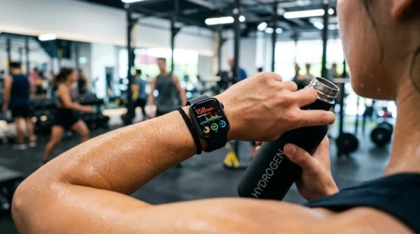 Smartwatch displaying a fitness lifestyle app with health and cardio tracking metrics.