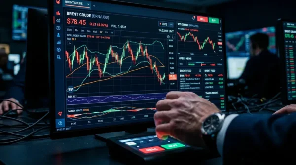 A financial trading screen showing volatile Brent crude oil market prices amid geopolitical tensions.