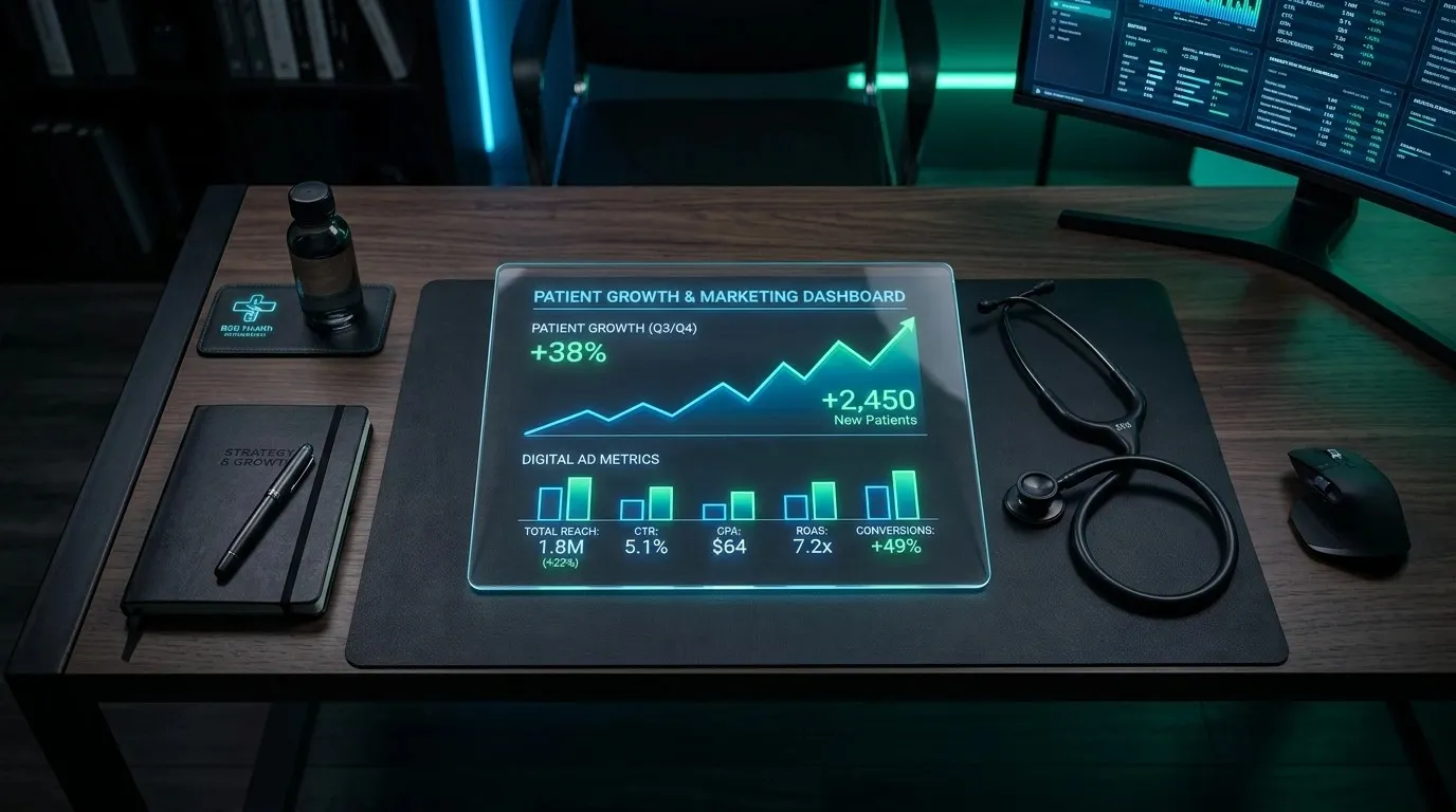 A futuristic glass tablet showing digital marketing growth charts next to a stethoscope on a doctor's desk.