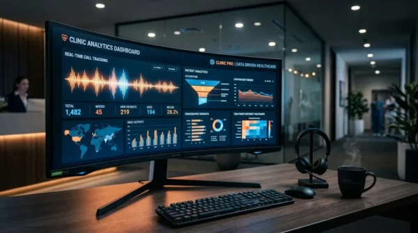 A high-tech digital dashboard displaying call tracking analytics for a medical practice.
