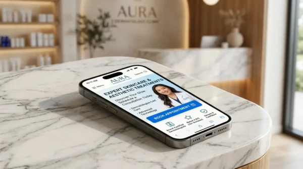 A modern smartphone displaying a high-converting medical clinic landing page with a book appointment button.