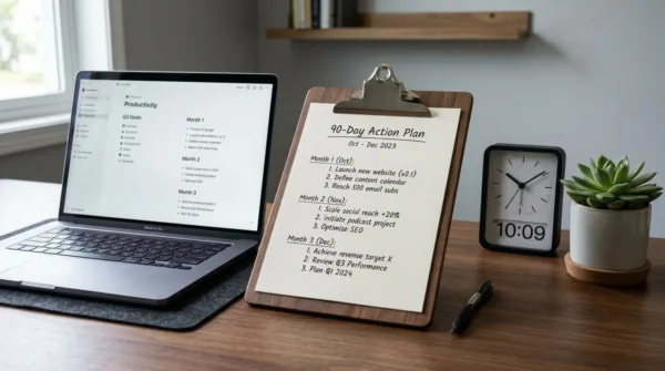A minimalist workspace with a laptop and a 90-day action plan for lifestyle goal setting.