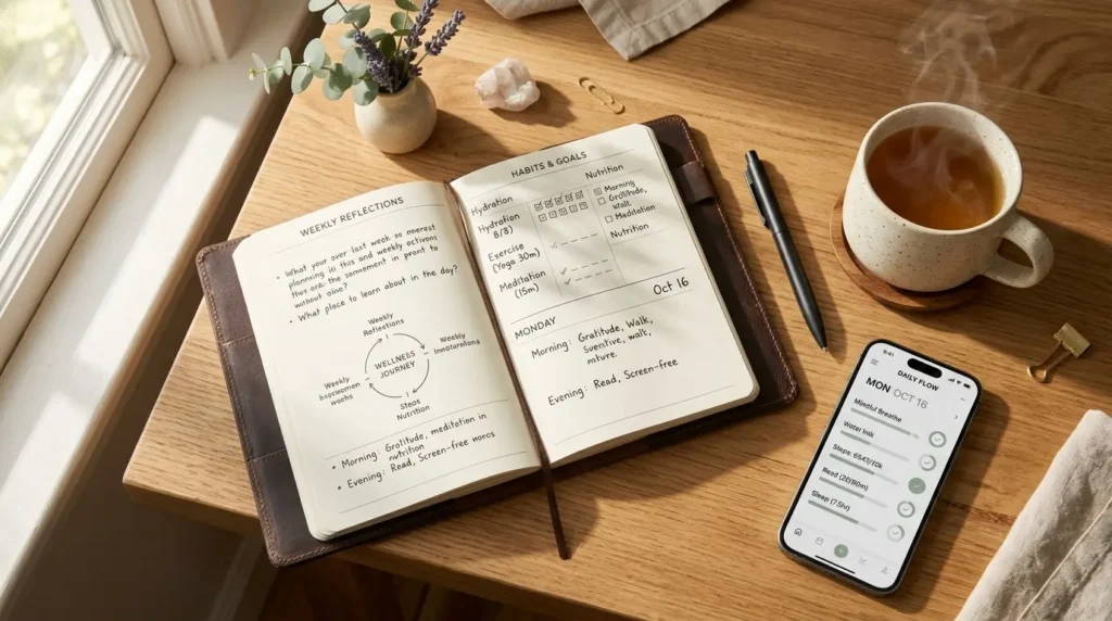 A premium leather journal, a cup of tea, and a smartphone on a wooden desk representing a lifestyle balance check.