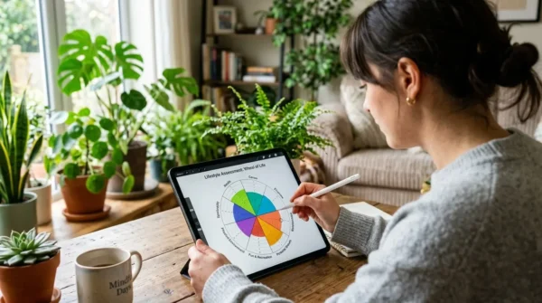 A person using a digital stylus on a tablet to fill out a lifestyle balance wheel assessment.