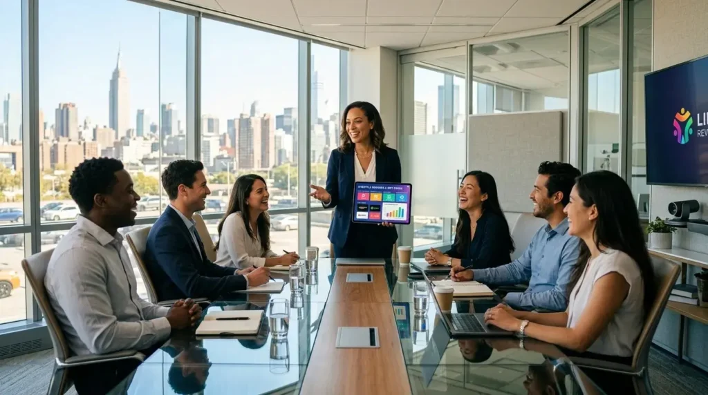 A smiling corporate HR team in a modern glass boardroom reviewing a lifestyle digital gift card and employee rewards program on a tablet.