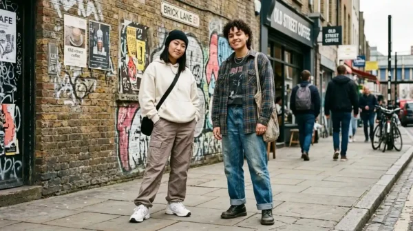 Two young adults modeling oversized modern British streetwear and vintage fashion in London.