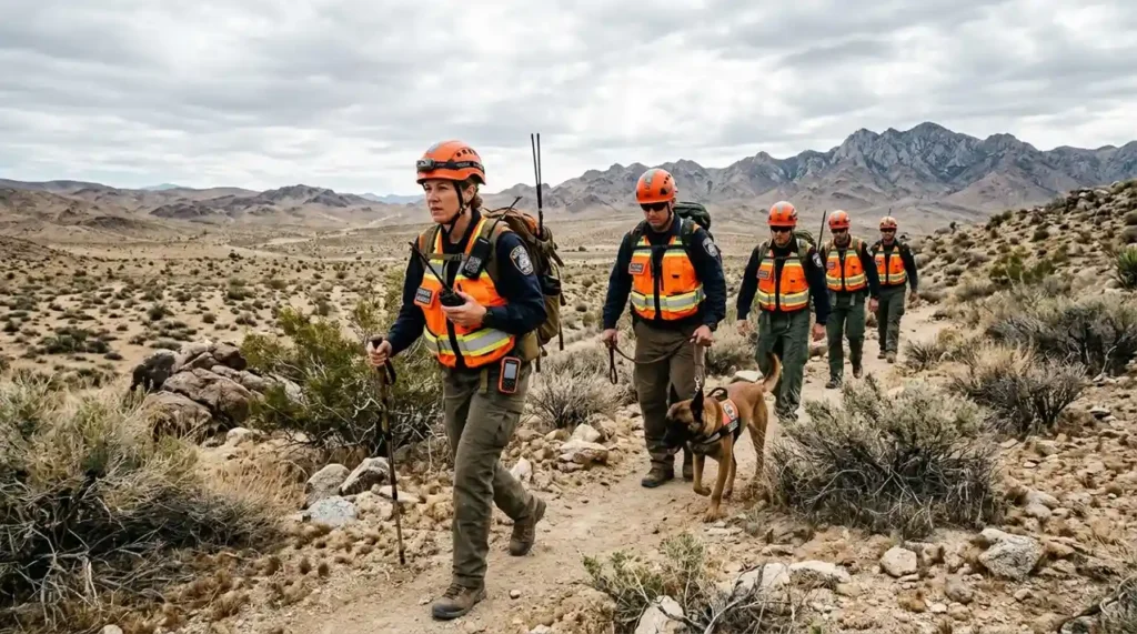 Search and rescue team conducting an investigation in an arid desert terrain near the border.