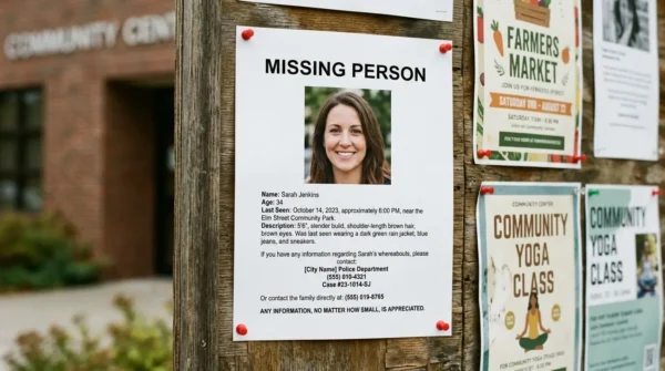 A missing person notice board poster announcing a reward for information.