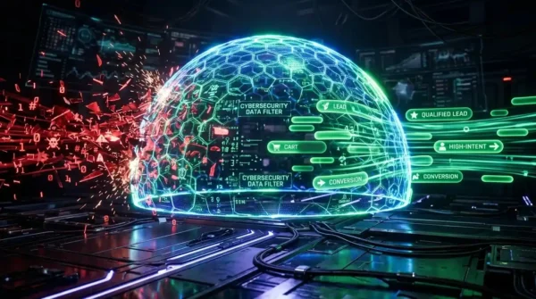 A glowing digital shield filtering data streams, representing negative keywords protecting a medical ad budget.