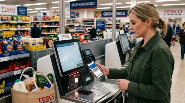 A customer scanning a digital e-gift card barcode at a modern retail self-checkout.