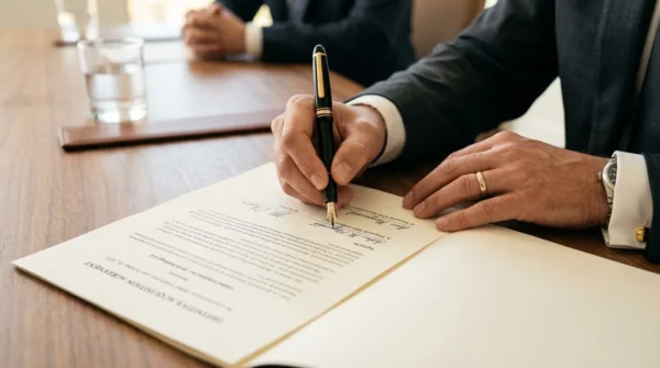 A buyer signing the definitive legal purchase agreement to execute the transfer of a corporation.