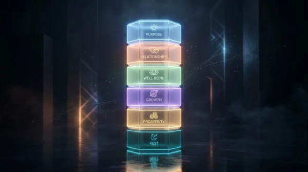 Six glowing hexagonal pillars representing the core dimensions of physical, financial, and emotional lifestyle balance.