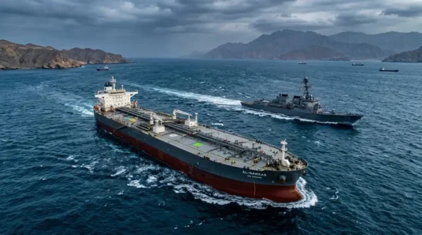An oil tanker passing through the Strait of Hormuz accompanied by a naval military escort.