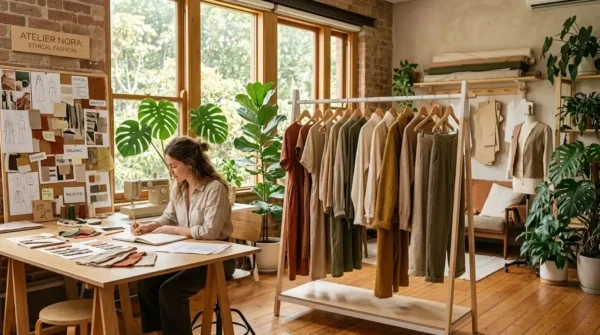 A bright and aesthetic sustainable fashion studio featuring upcycled and ethical clothing racks.