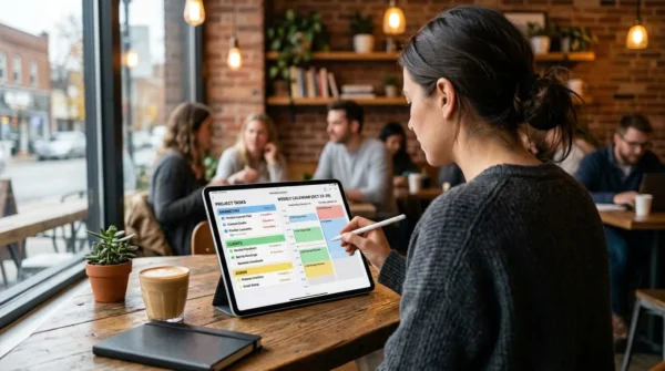 A professional using a digital task management and productivity lifestyle app on a tablet.
