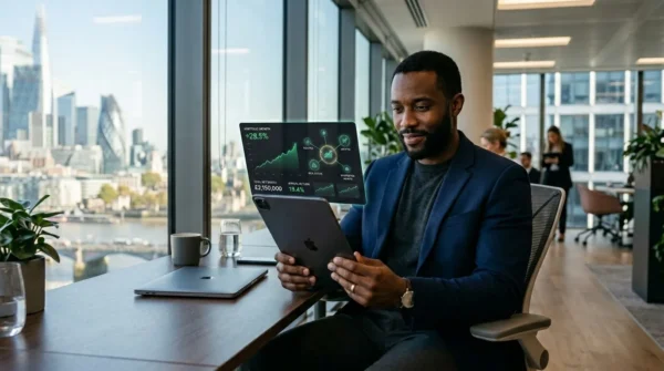 Tech industry professional reviewing Addison Avenue First Tech investment portfolio and retirement plan on a tablet.