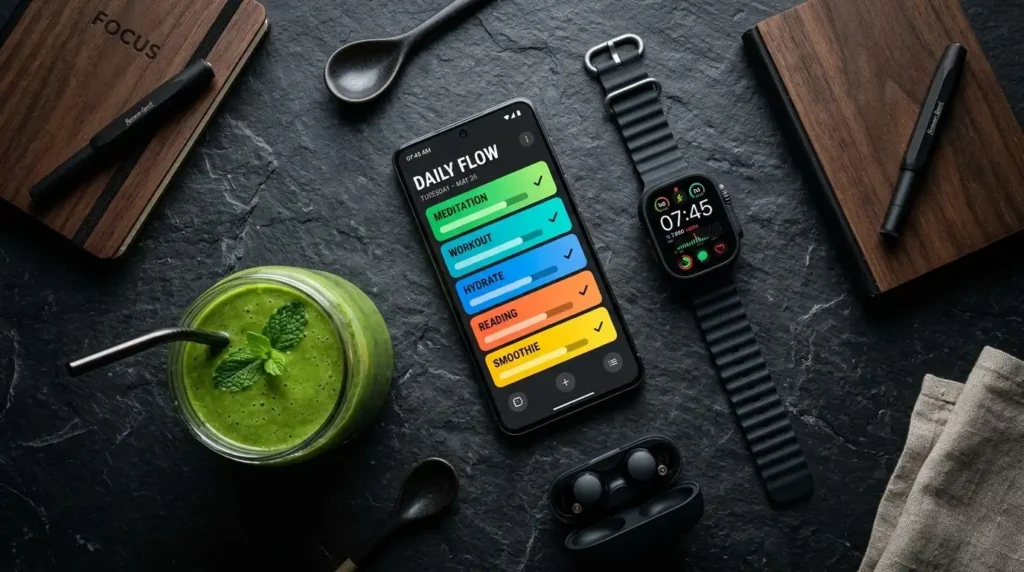 A futuristic smartphone displaying glowing digital progress rings and habit trackers for a modern lifestyle.
