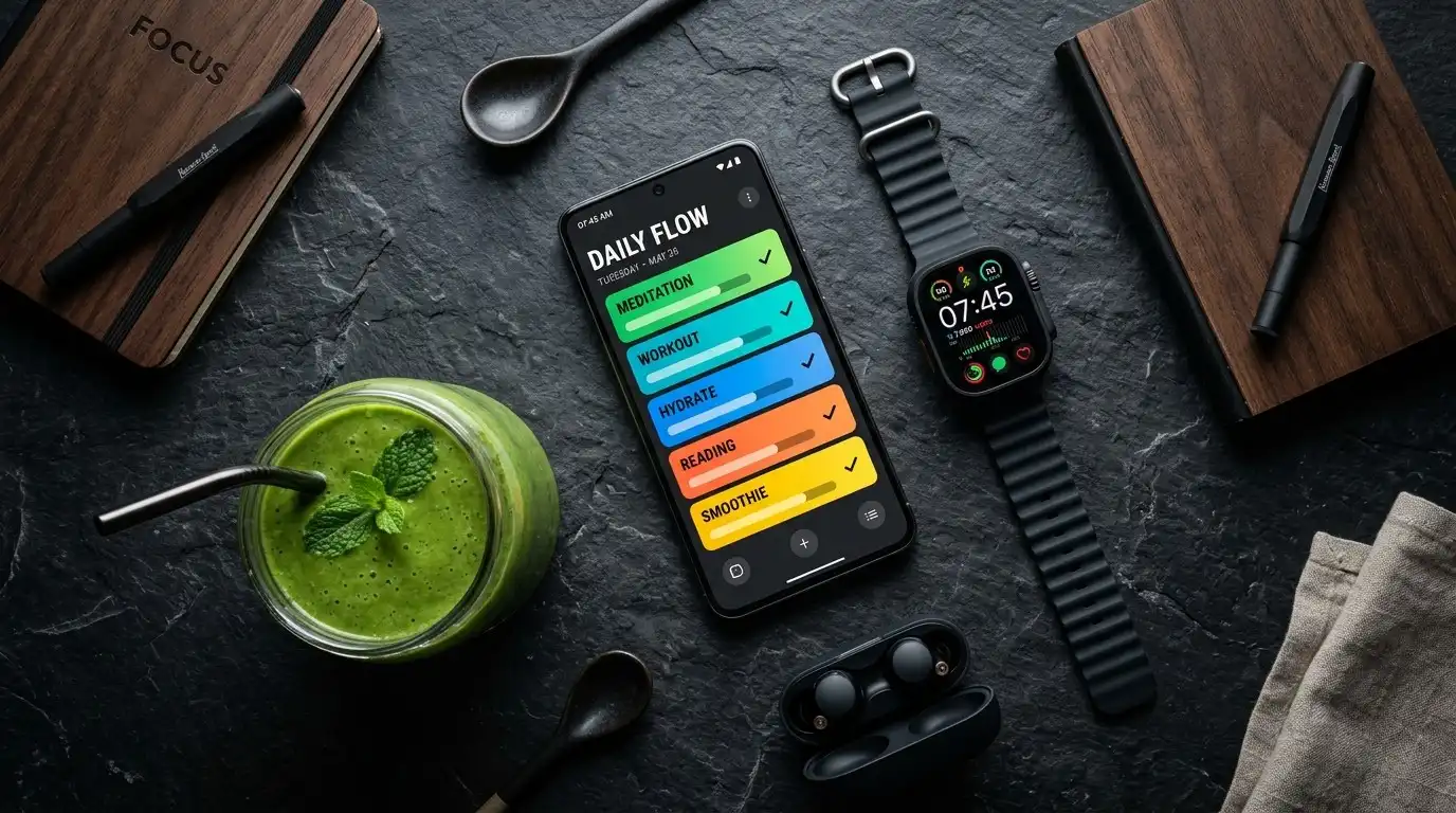 A futuristic smartphone displaying glowing digital progress rings and habit trackers for a modern lifestyle.