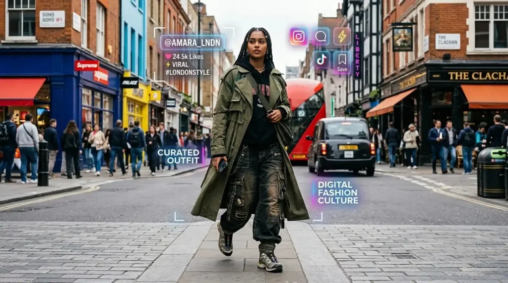 A stylish Gen Z influencer wearing modern British streetwear with digital floating elements in London.