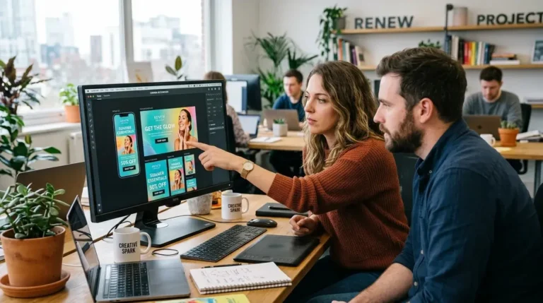 Two creative marketing professionals reviewing digital advertising assets and ad mockups.