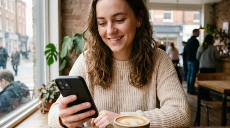 A customer sitting in a cafe smiling while reading a targeted SMS marketing campaign on their smartphone.
