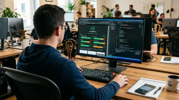A web developer reviewing Core Web Vitals and website performance metrics on a monitor.
