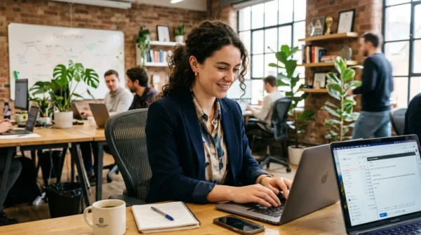 A digital PR specialist typing an email outreach pitch for a modern link building campaign.