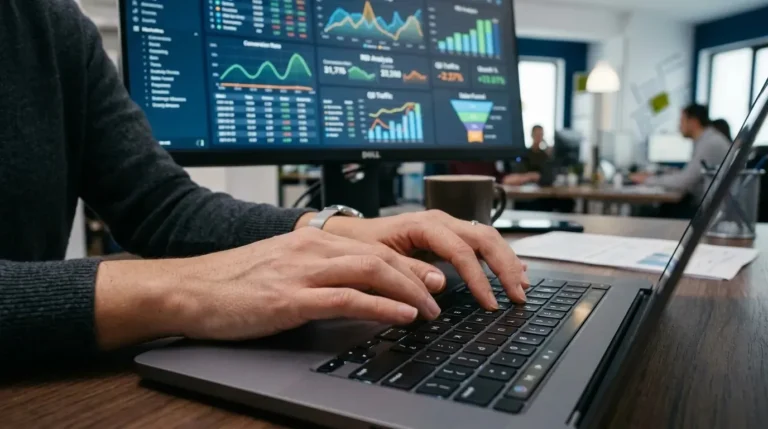 A data analyst reviewing advanced marketing attribution and cross-channel performance dashboards.