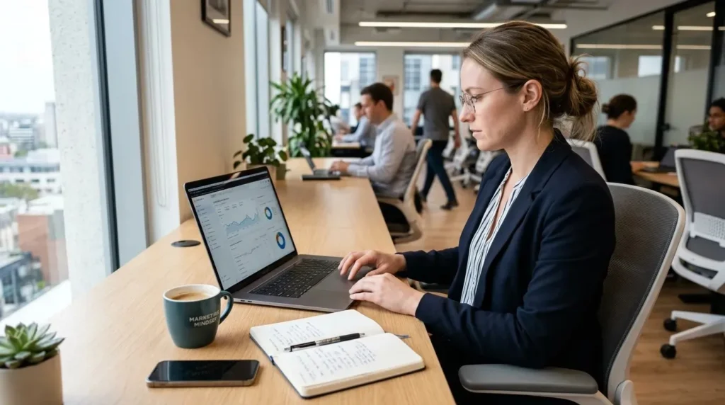 A marketing professional reviewing their software tech stack and analytics on a laptop.