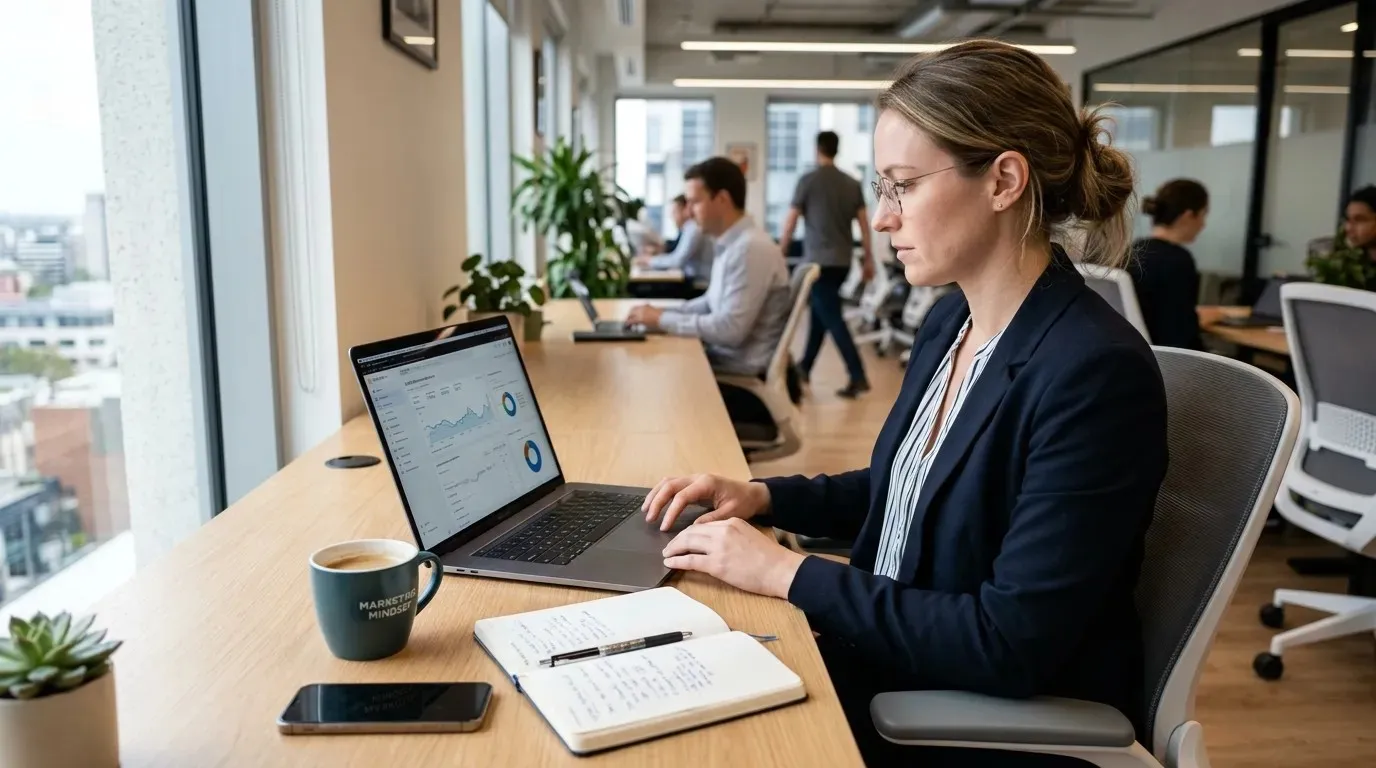 A marketing professional reviewing their software tech stack and analytics on a laptop.