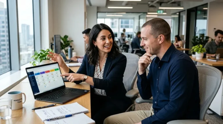 Two marketing professionals reviewing CRM pipelines and automated sales workflows on a laptop.