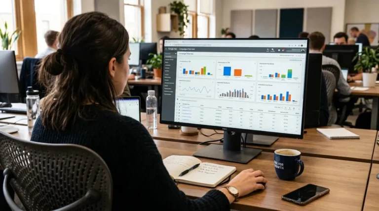 A PPC specialist reviewing performance max campaigns and Google Ads data on a computer monitor.