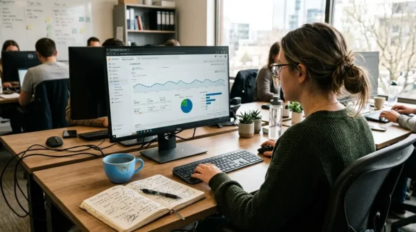 A performance marketing specialist reviewing analytics data at a realistic office desk.