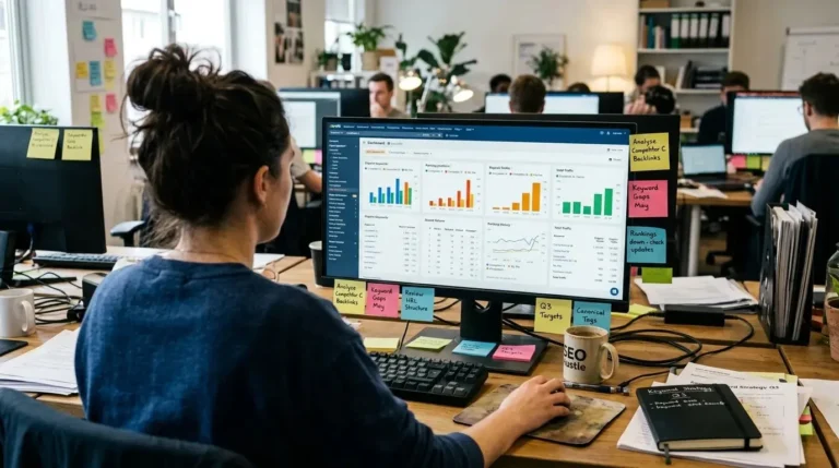 An SEO specialist analyzing competitor search data and organic traffic metrics on a monitor.