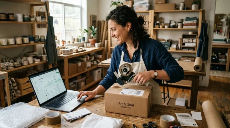 A small business owner managing their online eCommerce store and packing physical products.
