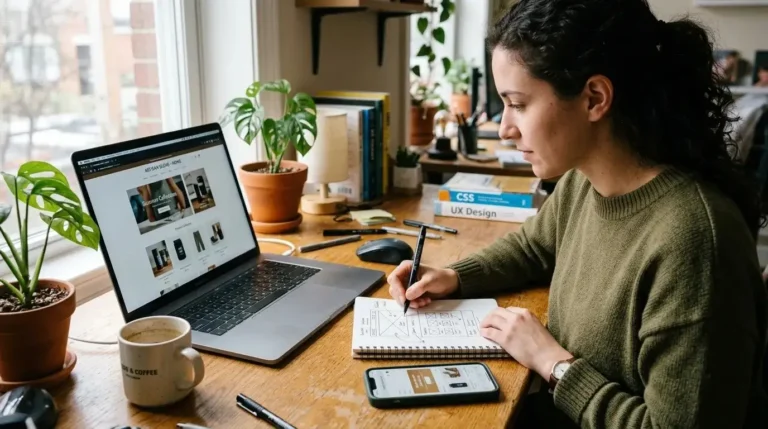 A web designer creating conversion-optimized UX wireframes for an e-commerce Shopify website.