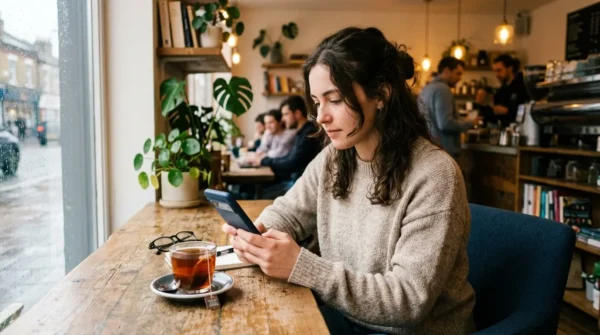 A user reading an AI overview and search results on a mobile phone in a cafe.